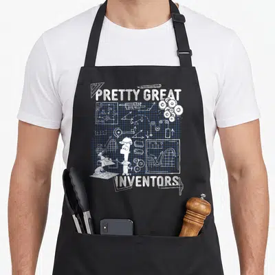 Tablier de cuisine noir avec Phineas et Ferb sur fond de schéma technique bleu et texte blanc « Pretty Grands Inventeurs ».