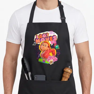 Tablier de cuisine noir avec illustration colorée de Mei, texte I Got Moves et éléments graphiques pop art.