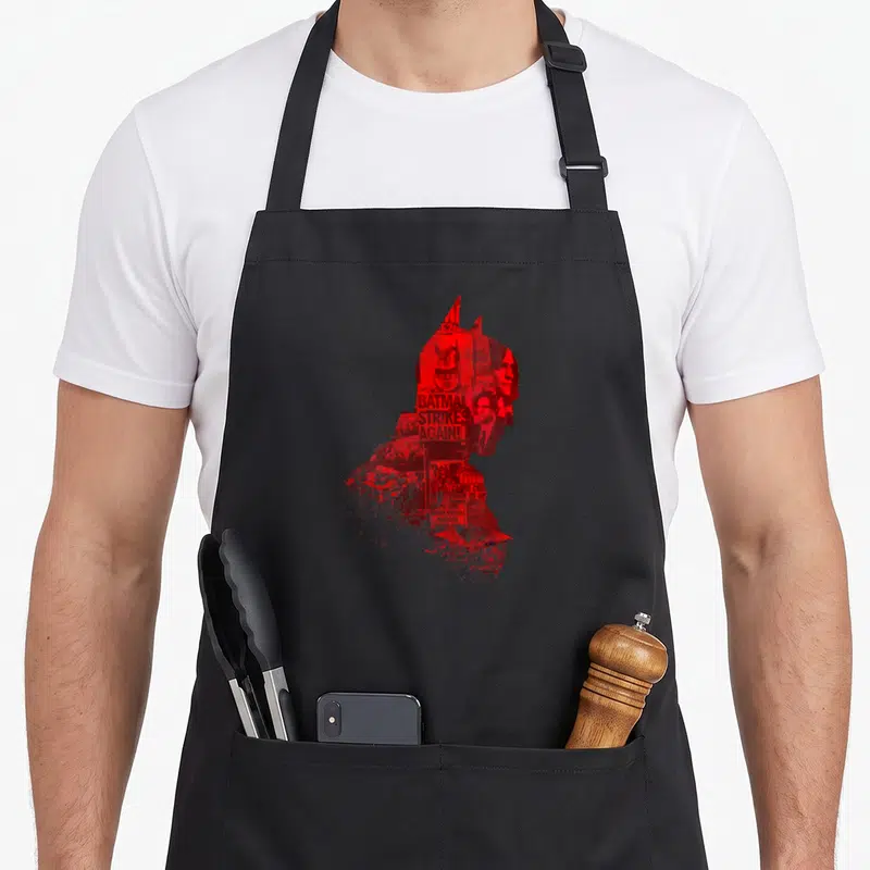 Tablier de cuisine noir avec silhouette rouge de Batman composée d'articles de presse et du texte BATMAN STRIKES AGAIN.