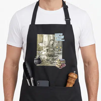 Tablier de cuisine noir avec Hermione Granger préparant une potion entourée de livres et de notes de cours manuscrites.