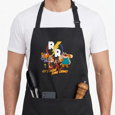 Tablier de cuisine noir avec les personnages des Chip 'N Dale Rescue Rangers et le logo RR jaune et blanc.