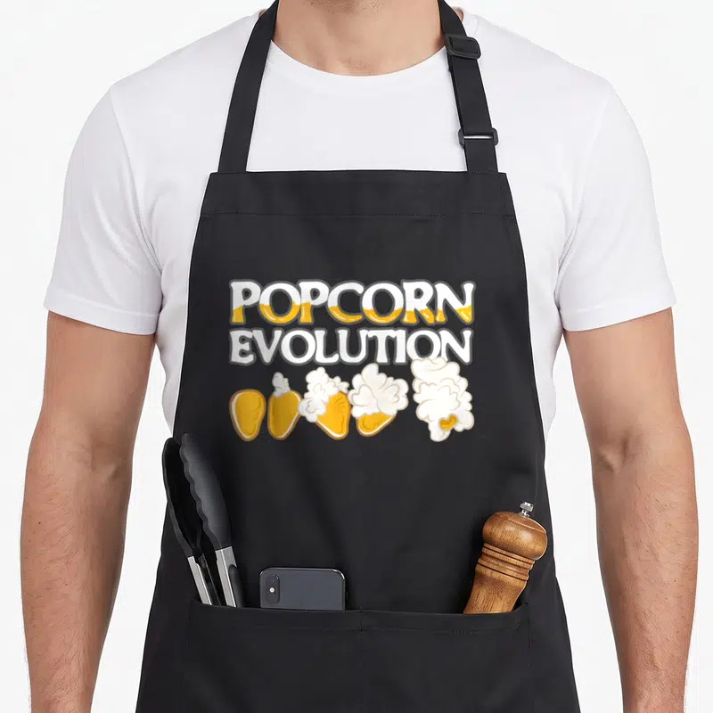Tablier de cuisine noir avec l'inscription POPCORN EVOLUTION et une illustration de grains de maís transformés en popcorn blanc et jaune.