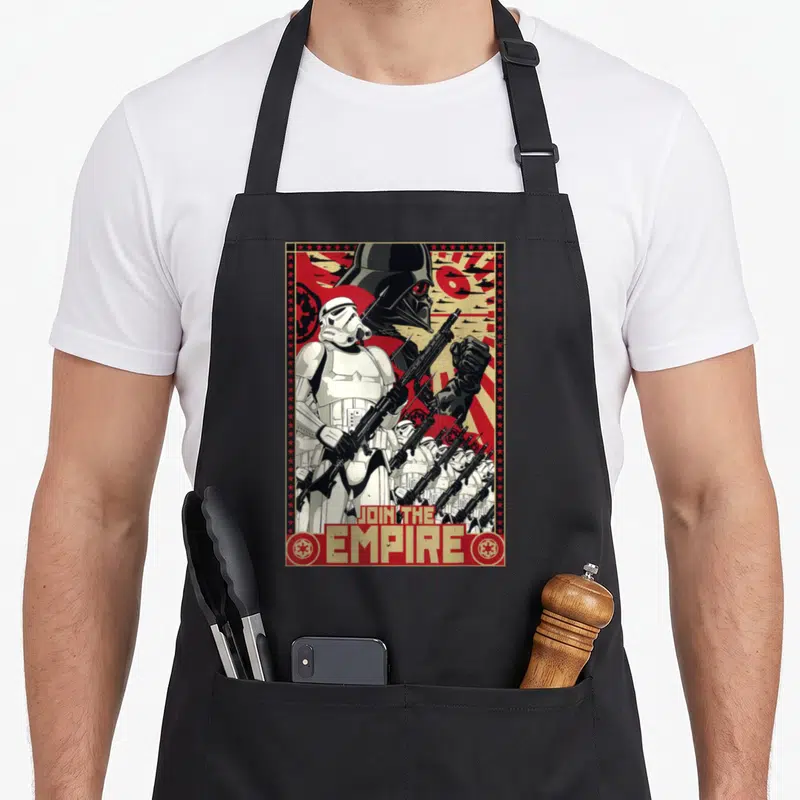 Tablier de cuisine noir avec illustration Darth Vader Stormtrooper Join the Empire style propaganda.