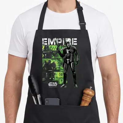 Tablier de cuisine noir avec illustration Death Trooper Empire Star Wars Rogue One en vert et blanc.