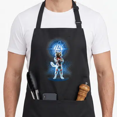 Tablier de cuisine noir avec Rocket Raccoon en costume Quantique et logo Avengers lumineux.