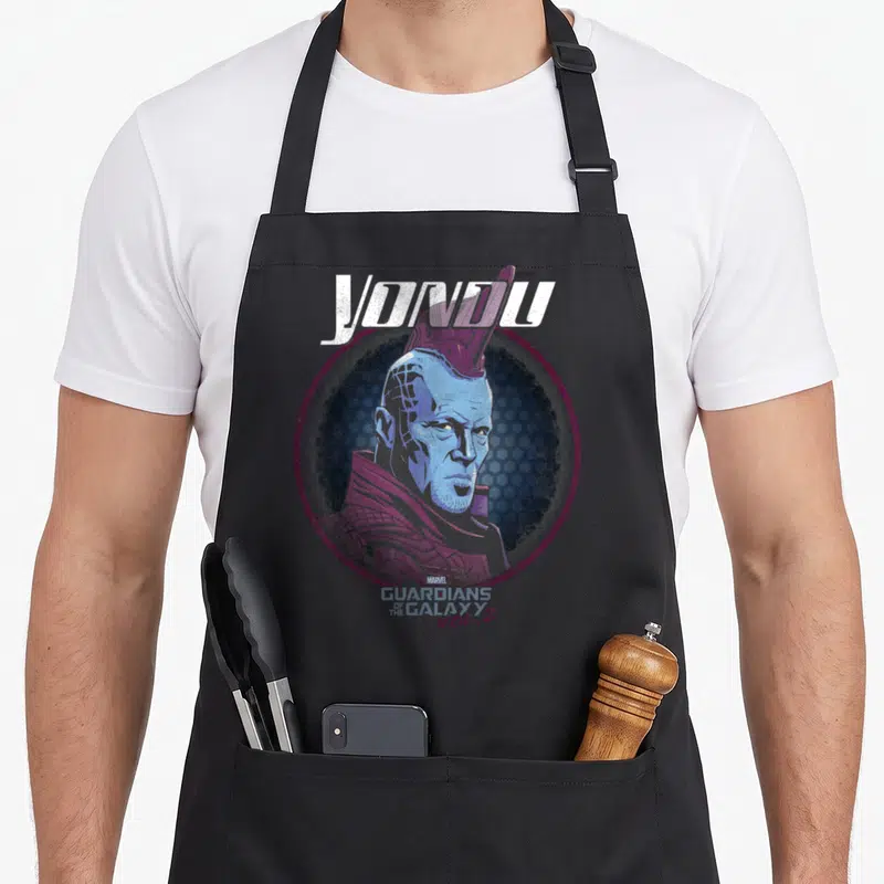 Tablier de cuisine noir avec portrait circulaire de Yondu et texte Guardians of the Galaxy Vol. 2