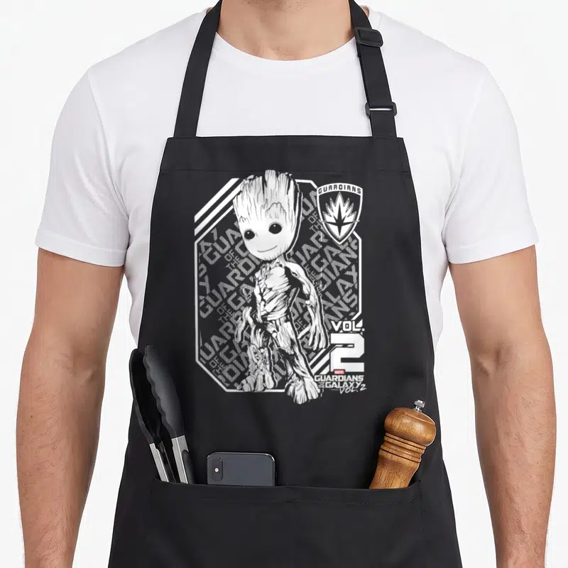 Tablier de cuisine noir avec une illustration blanche de Groot et le logo Guardians of the Galaxy Vol. 2.