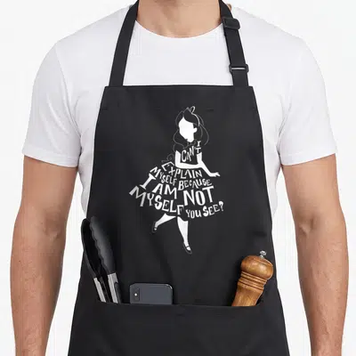 Tablier de cuisine noir avec silhouette blanche d'Alice formée par du texte typographique.