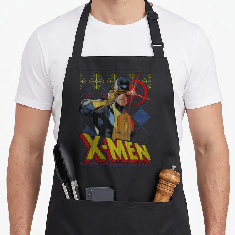 Tablier de cuisine noir avec illustration Cyclops X-Men motif tricot « ugly sweater » pixelisé