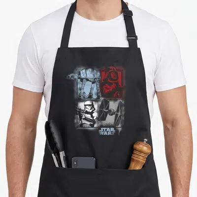 Tablier de cuisine noir avec Darth Vader, AT-AT, Stormtrooper et TIE Fighter en style aérografie.