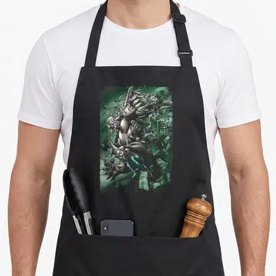 Tablier de cuisine noir avec illustration d'un monstre métallique dévastateur sur fond vert texturé.
