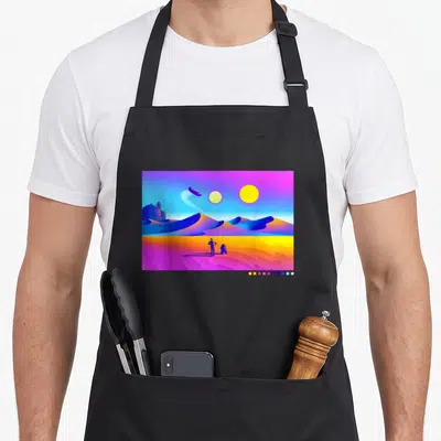 Tablier de cuisine noir avec paysage coloré, silhouettes et vaisseau spatial sur fond de désert.