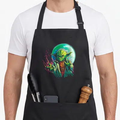 Tablier de cuisine noir avec Yoda vert utilisant la Force devant une lune bleue et des éclats roses.