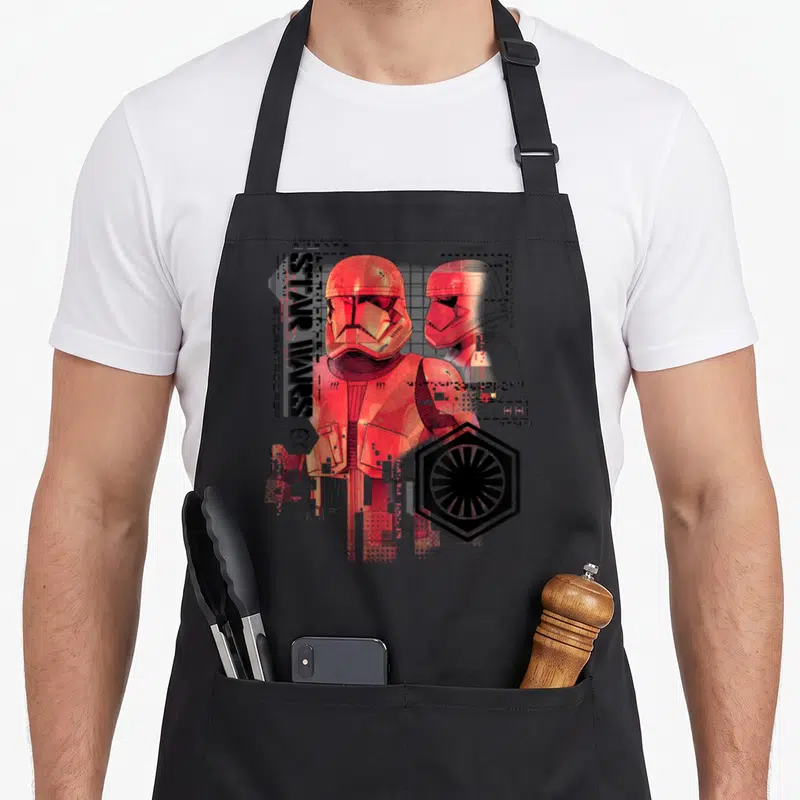 Tablier de cuisine noir avec illustration technique rouge d'un Stormtrooper Sith et logo First Order.