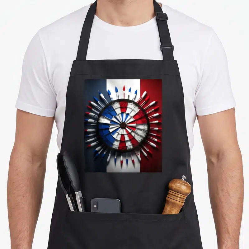 Tablier de cuisine noir avec une cible de fléchettes sur fond de drapeau français tricolore.