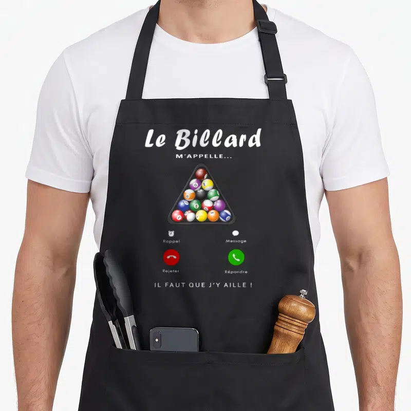 Tablier de cuisine noir avec un triangle de billard coloré et des boutons d'appel téléphonique, rappelant une notification sur smartphone.