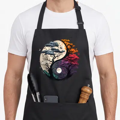 Tablier de cuisine noir avec un grand motif circulaire représentant un arbre aux couleurs des saisons dans un symbole d'harmonie.