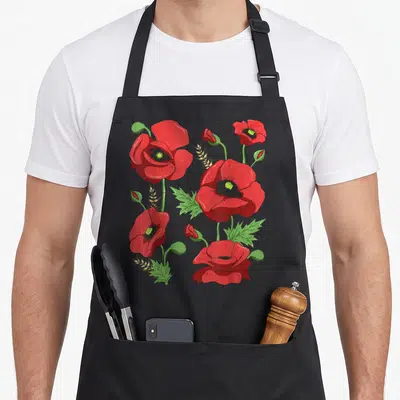 Tablier de cuisine noir avec illustration de coquelicots rouges, pépins verts et épis dorés au style botanical vintage.