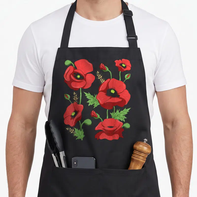 Tablier de cuisine noir avec illustration de coquelicots rouges, pépins verts et épis dorés au style botanical vintage.