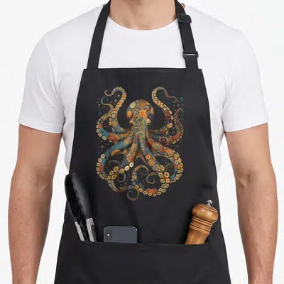 Tablier de cuisine noir avec une pieuvre vintage aux tentacules ornés de motifs floraux complexes et colorés.