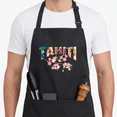 Tablier de cuisine noir avec linscription TAHITI remplie de fleurs bleues roses et violettes sur fond jaune et une branche de sakura rose.