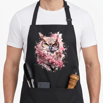 Tablier de cuisine noir avec un hibou aux yeux dorés entouré de fleurs de cerisier roses et d'effets aquarelle.