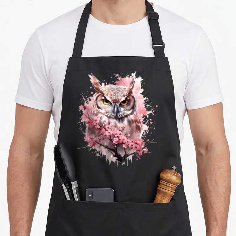 Tablier de cuisine noir avec un hibou aux yeux dorés entouré de fleurs de cerisier roses et d'effets aquarelle.