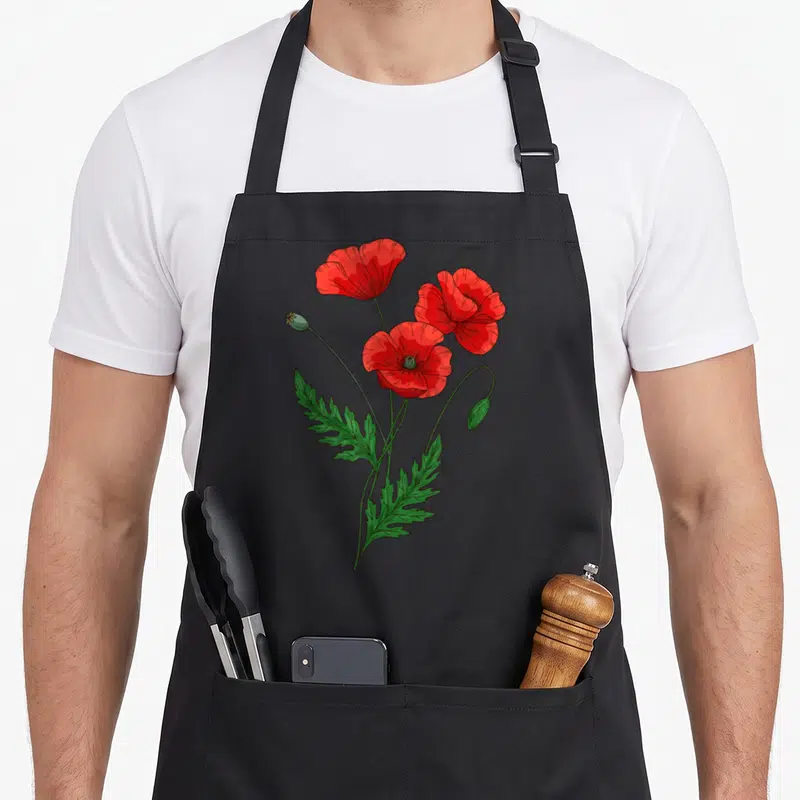 Tablier de cuisine noir avec illustration de trois coquelicots rouges fleur nature botanique floral et feuilles découpées vertes.