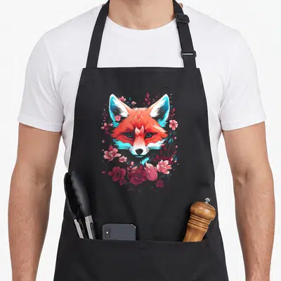 Tablier de cuisine noir avec illustration d'un renard aux oreilles bleues entouré de fleurs roses et de pétales de cerisier.