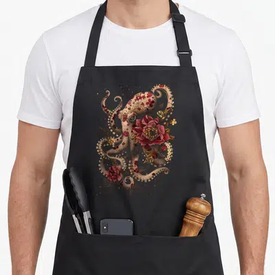 Tablier de cuisine noir avec illustration d'une pieuvre vintage entourée de fleurs rouges et de motifs floraux dorés.