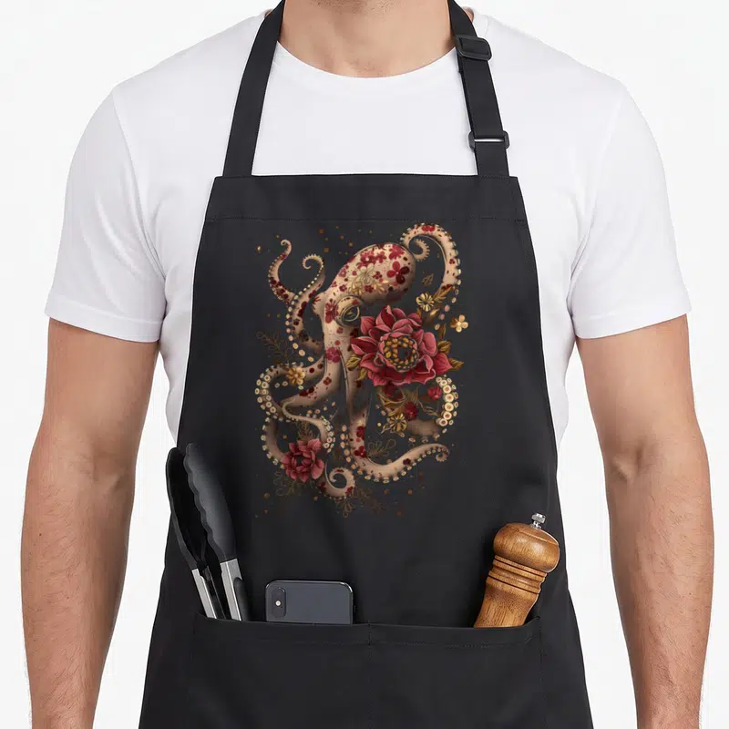 Tablier de cuisine noir avec illustration d'une pieuvre vintage entourée de fleurs rouges et de motifs floraux dorés.