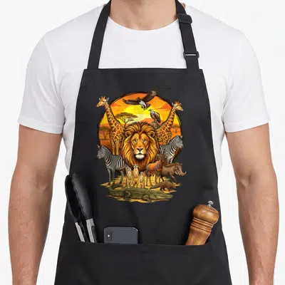 Tablier de cuisine noir avec illustration circulaire d'une savane au coucher de soleil incluant un lion, des girafes, zèbres et crocodile.