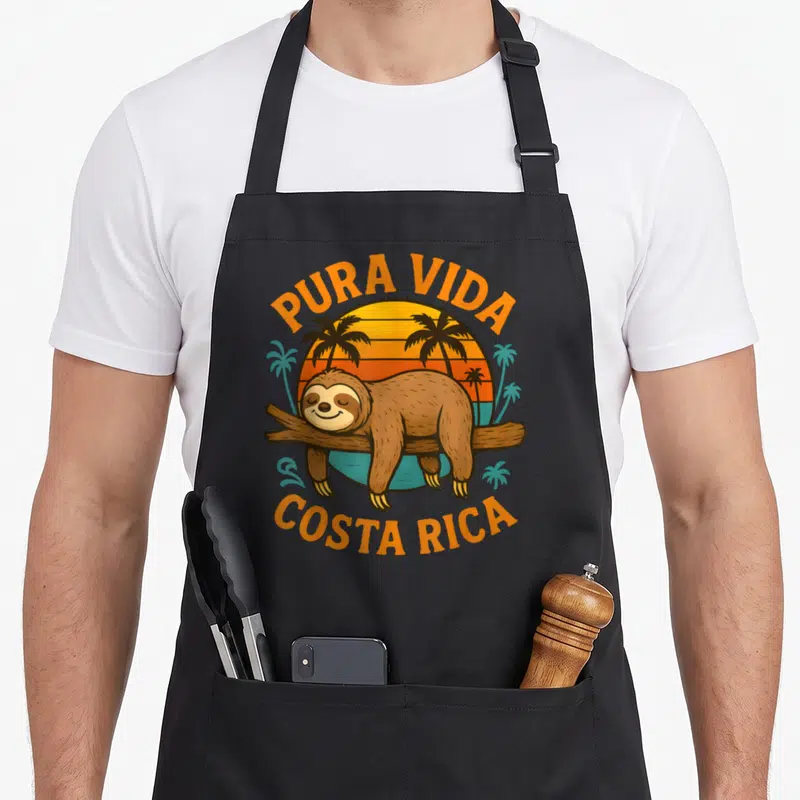 Tablier de cuisine noir avec un paresseux souriant sur une branche devant un soleil orange et des palmiers, encadré par le texte Pura Vida Costa Rica en orange.
