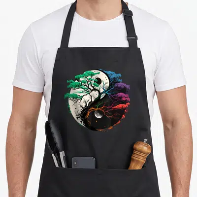 Tablier de cuisine noir avec un arbre de vie stylisé intégré à un cercle Yin Yang aux couleurs vertes, bleues et orangées.
