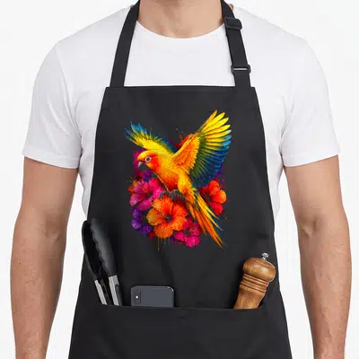 Tablier de cuisine noir avec une conure aux plumes vives et des fleurs d'hibiscus roses et oranges en aquarele.