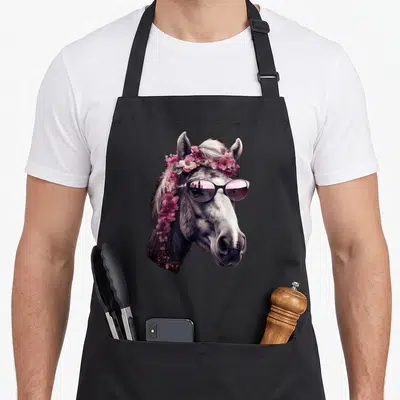 Tablier de cuisine noir avec portrait de cheval coiffé de fleurs et portant des lunettes de soleil roses.