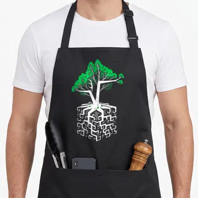 Tablier de cuisine noir avec un arbre vert dont les racines forment un cube blanc à motifs géométriques complexes.