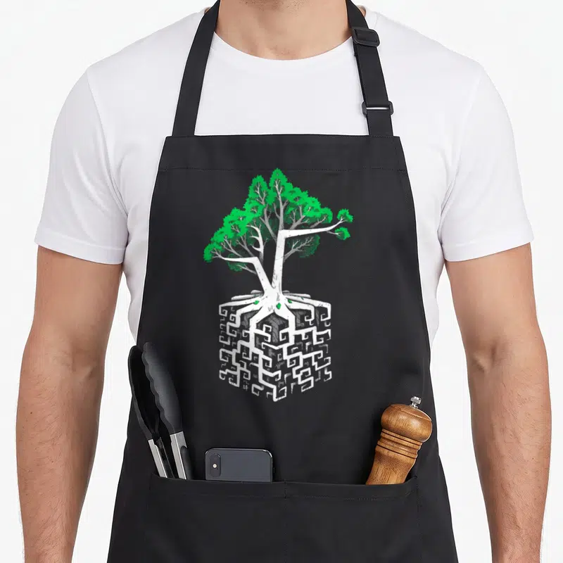 Tablier de cuisine noir avec un arbre vert dont les racines forment un cube blanc à motifs géométriques complexes.