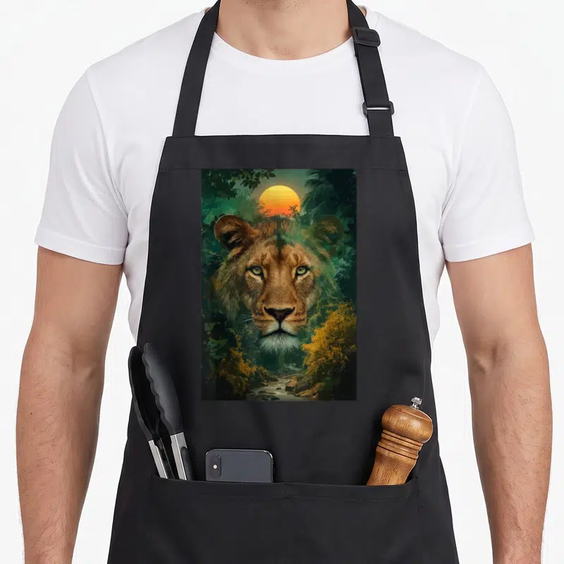 Tablier de cuisine noir avec portrait de lion dans la jungle au coucher du soleil