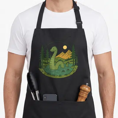 Tablier de cuisine noir avec illustration circulaire d'un monstre vert sortant de l'eau entouré de pins et de montagnes dorées.