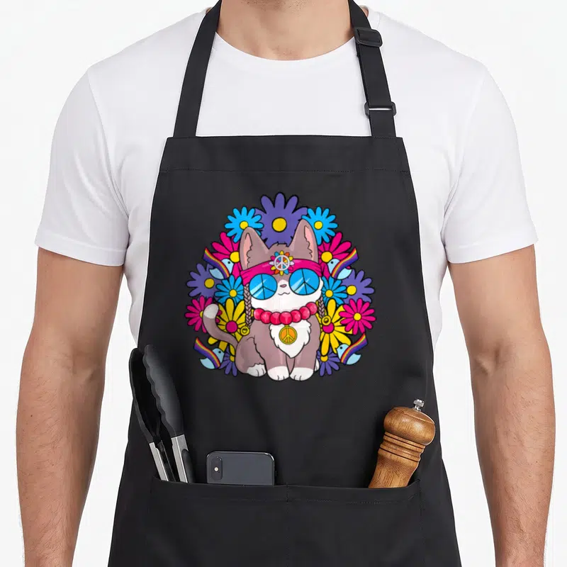 Tablier de cuisine noir avec un chat hippie entouré de fleurs colorées et de signes de la paix.