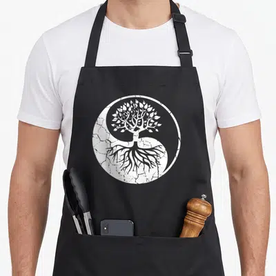 Tablier de cuisine noir avec un arbre yin yang blanc stylisé au centre du torse.