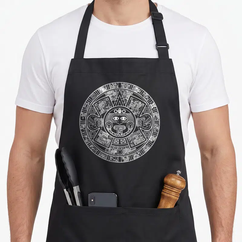 Tablier de cuisine noir avec un grand motif circulaire blanc représentant un calendrier maya aztèque stylisé en art pierre soleil mexicain.