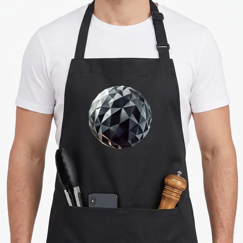 Tablier de cuisine noir avec une sphère facettée argentée et noire portant l'inscription SCARSET REBELLION en bas.