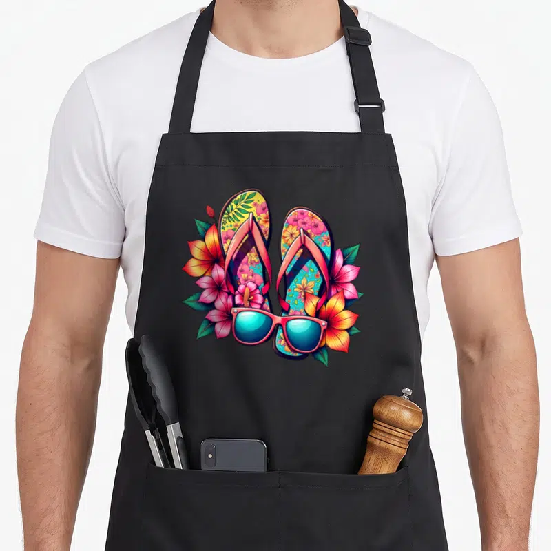 Tablier de cuisine noir avec tongs colorées, hibiscus roses et oranges et lunettes de soleil bleues au centre.