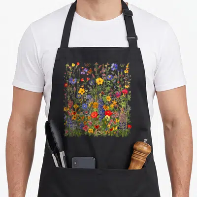 Tablier de cuisine noir avec un grand bouquet de fleurs sauvages botaniques multicolores et des papillons imprimés au centre.