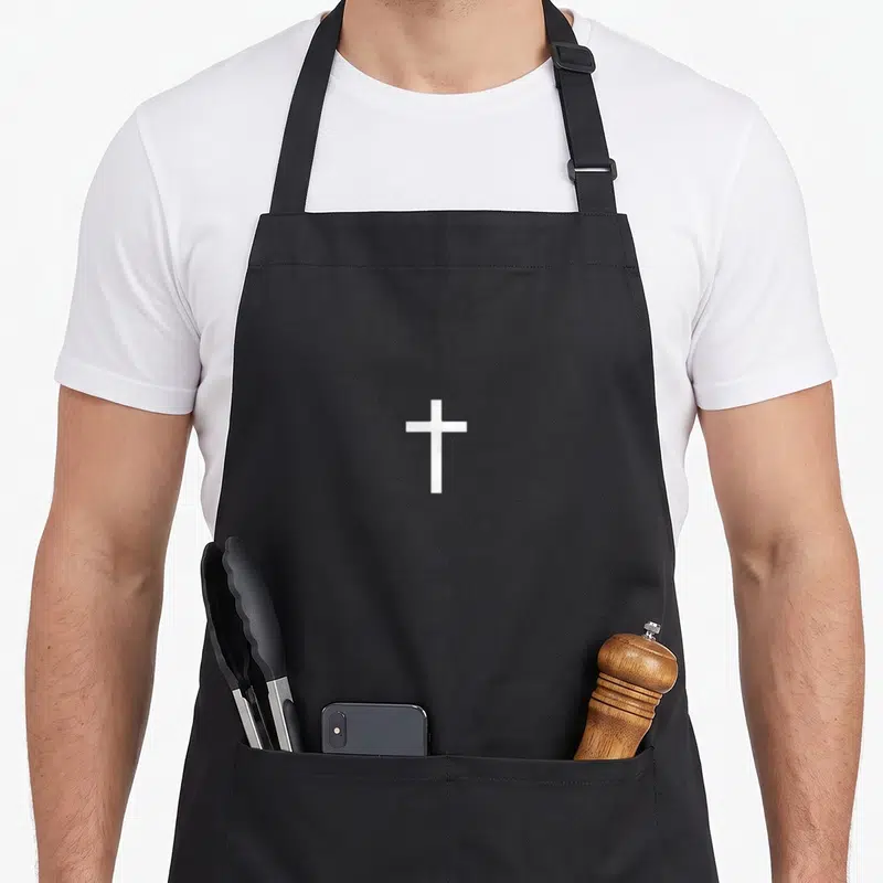 Tablier de cuisine noir avec une croix blanche simple centrée sur le devant