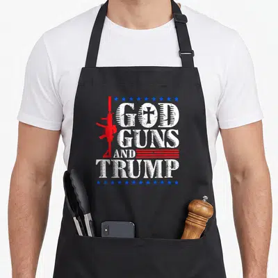Tablier de cuisine noir avec inscription Dieu Armes et Trump et fusil rouge stylisé.