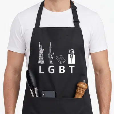 Tablier de cuisine noir avec Statue de la Liberté Arme Bible Portrait et lettres LGBT en blanc.