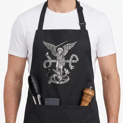 Tablier de cuisine noir avec une gravure blanche de Saint Michel Nous défend écrasant un dragon aux ailes déployées.